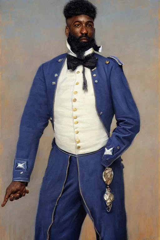 Image similar to full body portrait of the dictator of the orlando magic, 1 8 8 9, in full military garb, magic blue, silver, and black, shaquile o'neil, oil on canvas by william sidney mount, trending on artstation