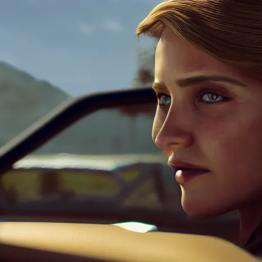 Image similar to a closeup photorealistic photograph of sadie adler driving a vintage ford mustang. film still. 4 k hd image, trending on artstation, featured on behance, well rendered, extra crisp, features intricate detail, epic composition and the style of unreal engine.