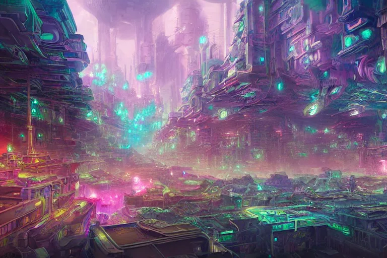 Image similar to a psychedelic city at the edge of existence where intensely creative astral beings live, in the style of wlop, illustration, epic, fantasy, hyper detailed, smooth, unreal engine, sharp focus, ray tracing