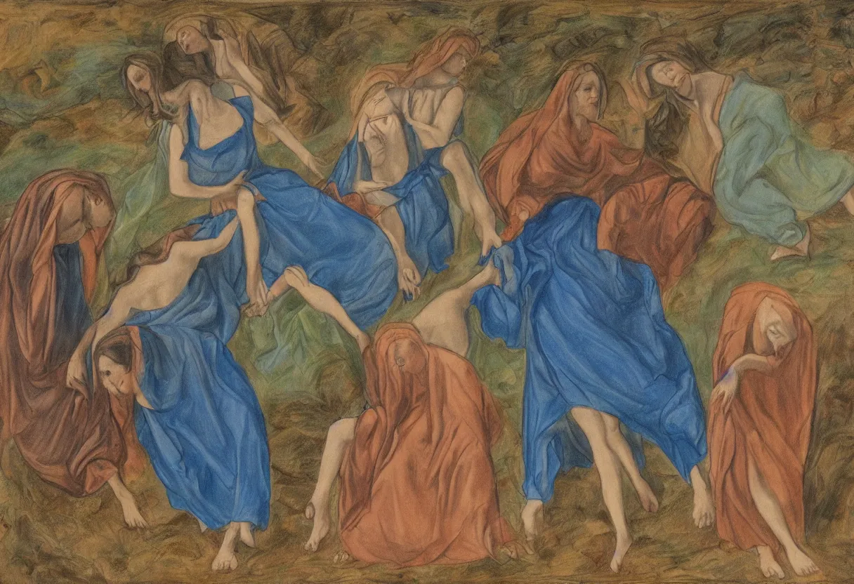 Image similar to a drawing of 3 maria's with blue dresses in a landscape crying at the death of christ