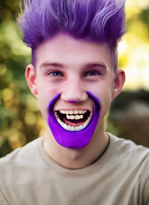 Prompt: blonde young guy with scary smile and completely purple catlike eyes