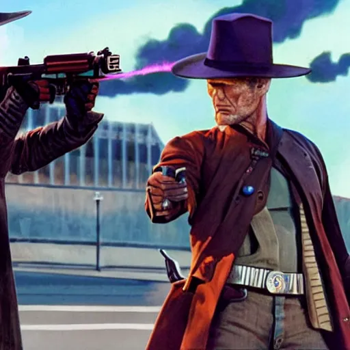 Image similar to duel between cad bane and clint eastwood on the vallecas bridge