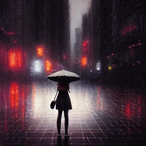 Prompt: detailed intricate digital illustration by greg rutkowski and artgerm and wlop and sanford robinson gifford ; girl standing in windy rainy city street, long exposure light streaks from car lights ; 1 3 mm film, arri alfa anamorphic lens ; sharp focus ; trending on artstation 8 k close view