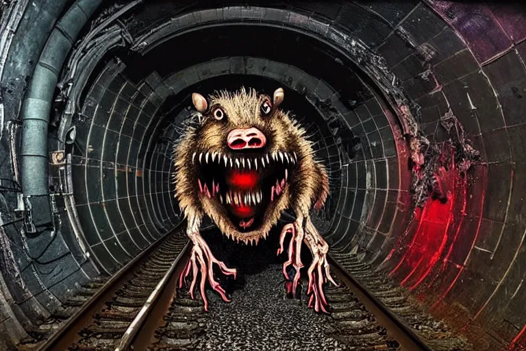 Image similar to very large giant mutant zombie irradiated ( angry rat ) staying on railways in tonnel of moscow subway. tonnel, railways, giant angry rat, furr, fangs, very realistic. extreme long shot, rusty colors, anish kapoor, ( herman nitsch, giger ).