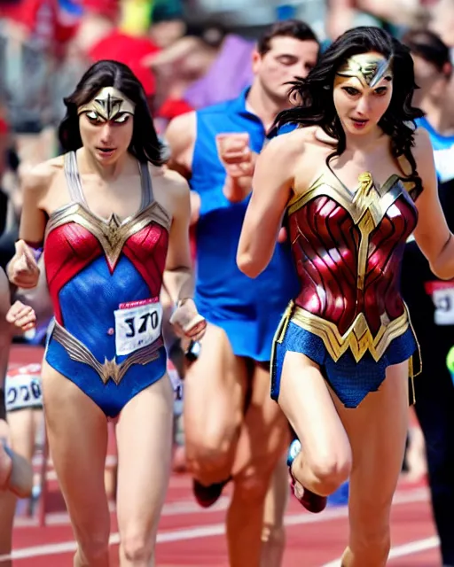 Image similar to gal gadot as wonder woman, at the 2 0 0 - meter starting line, olympic trials, sports photography in the style of neil leifer