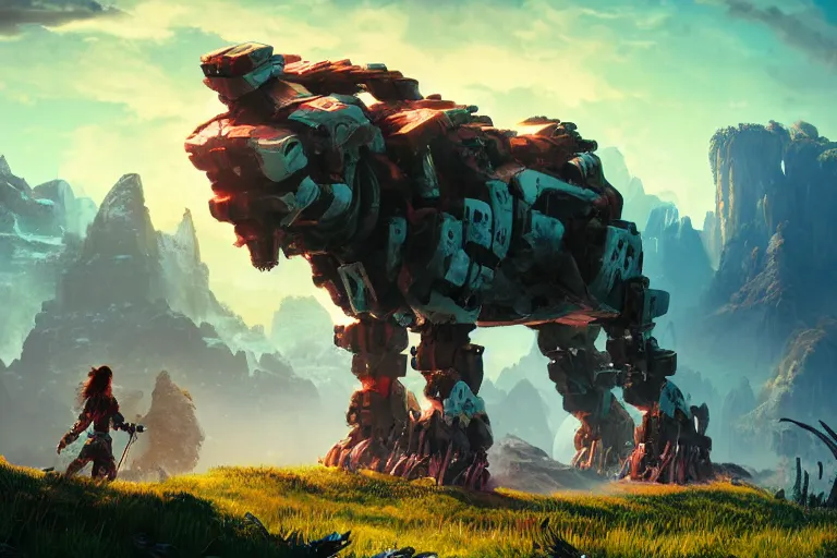 Image similar to tremortusk machine mecanical creature robot of horizon forbidden west horizon zero dawn radiating a glowing aura global illumination ray tracing hdr fanart arstation by ian pesty and alena aenami artworks in 4 k