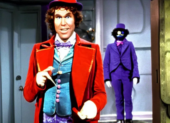 Prompt: film still of Will Farrel as Willy Wonka in Willy Wonka and the Chocolate Factory 1971