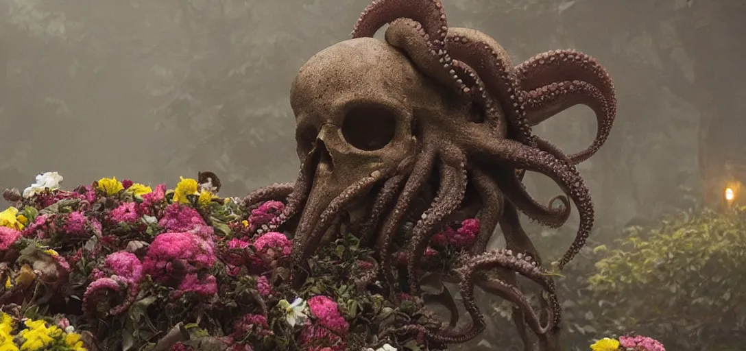 Prompt: an octopus in the shape of a skull surrounded by flowers! at midnight, foggy, foggy, foggy!, cinematic shot, photo still from movie by denis villeneuve, wayne barlowe