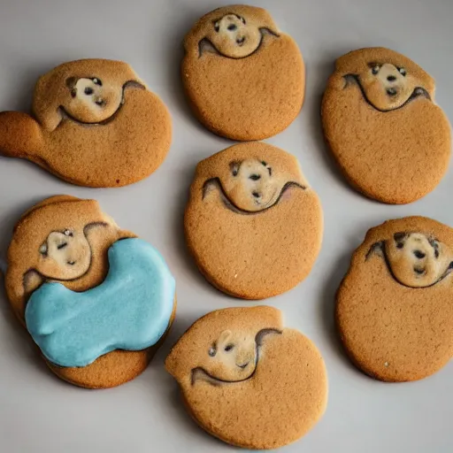 Prompt: cookies shaped like otters, photograph, cookies, otters