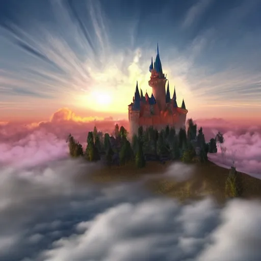 Image similar to a magical castle on the clouds, sunset, epic, trendy on artstation, 4 k