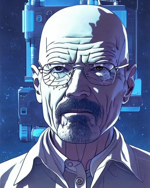 Image similar to portrait of walter white as a robot, cybernetic enhancements, art by makoto shinkai and alan bean, yukito kishiro