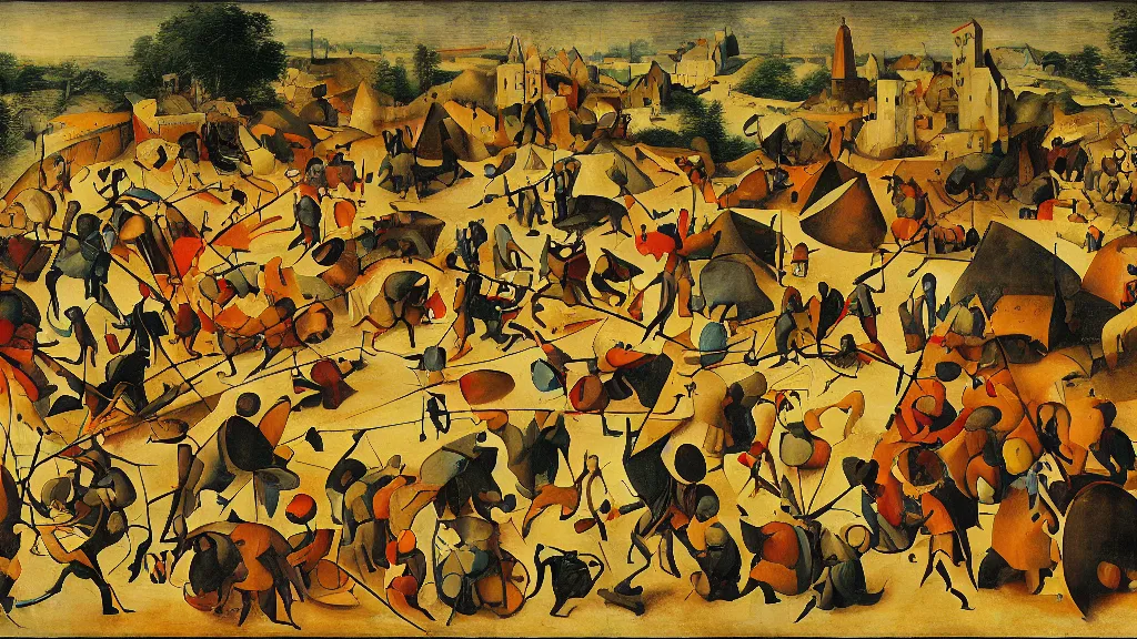 Image similar to abstract primitivism minimalism art painting, lines, forms, shapes, in style of pieter bruegel the elder