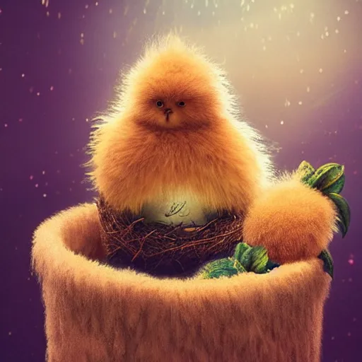 Prompt: long shot of a very fluffy fur chick nesting in a floral cup, esao andrews, by m. w. kaluta, humorous illustration, hyperrealistic, tilt shift, warm colors, night scenery, low light, 3 d octane render, 4 k, volumetric lights, smooth, cosy atmosphere, conceptart, hyperdetailed, trending on deviantart