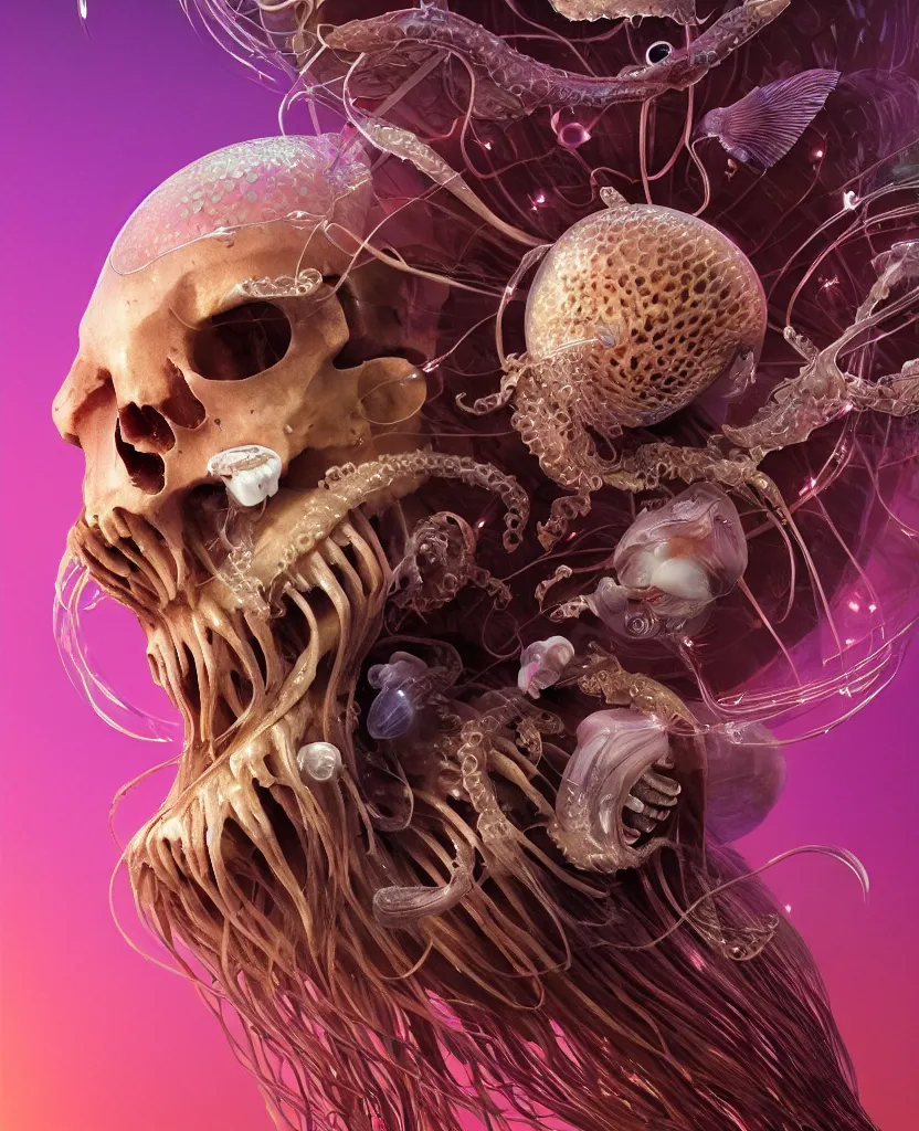 Image similar to goddess close-up portrait ram skull. jellyfish phoenix head, nautilus, orchid, skull, betta fish, bioluminiscent creatures, intricate artwork by Tooth Wu and wlop and beeple. octane render, trending on artstation, greg rutkowski very coherent symmetrical artwork. cinematic, hyper realism, high detail, octane render, 8k