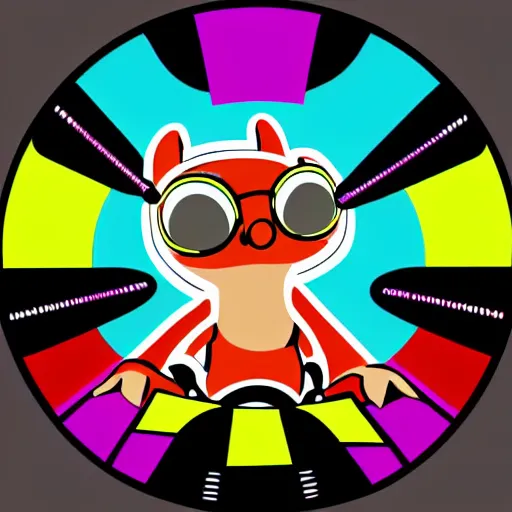 Image similar to svg sticker of a Dancing-Squirrel, at a rave, spinning records, giant headphones rocking out, wearing headphones, huge speakers, dancing, rave, DJ, spinning records, digital art, amazing composition, rule-of-thirds, award-winning, trending on artstation, featured on deviantart