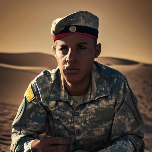 Image similar to portrait of a soldier sitting in the desert eating some crayons, beautiful composition, 5 0 mm f 1. 8, ambient light