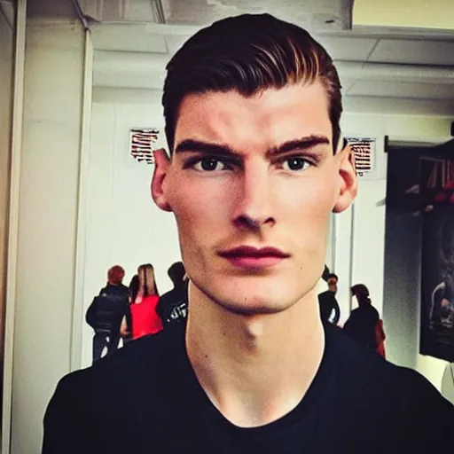 Image similar to “a realistic detailed photo of a guy who is an attractive humanoid who is half robot and half humanoid, who is a male android, Max Verstappen, shiny skin, posing like a statue, blank stare”