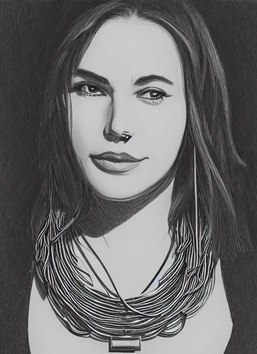 Image similar to one line art drawing of a woman's portrait, wearing a photo realistic necklace