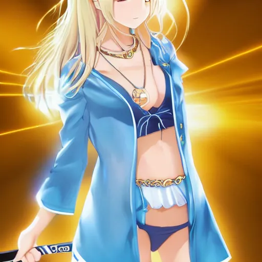 Image similar to full body shot : a very beautiful young blond tennis anime girl, sky blue eyes, large golden chain, bikini, white miniskirt, highly detailed, cinematic wallpaper by stanley artgerm lau