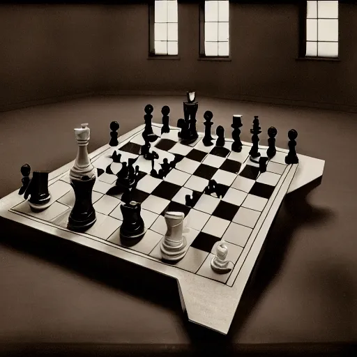 Image similar to filmstill of Marcel Duchamp playing chess against a futuristic machine, long exposure, minimal composition, packshot, archival pigment print