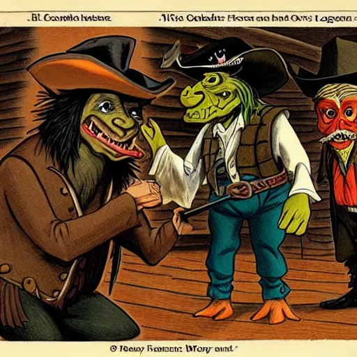 Image similar to a goblin with a large nose and a pirate with a bandana negotiating a contract with Micheal Morbius in a Western saloon. Realism