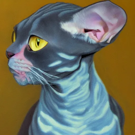 Prompt: painting of a devon rex, cornish rex cat glowing in the moonlight looking curious