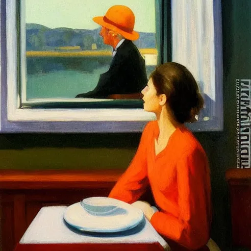 Image similar to oil painting of young leonard cohen in shabby room with beautiful woman wearing second hand clothes, with bowl of oranges on table, and view through window of boat on river, by edward hopper, by robert e. mcginnis