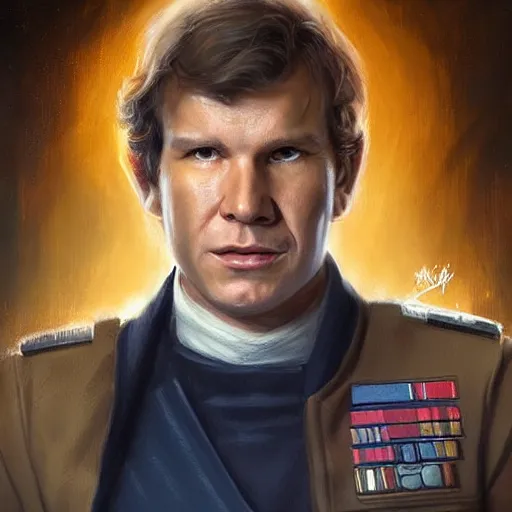 Image similar to portrait of a Man by Greg Rutkowski, Han Solo as an Admiral of the Galactic Alliance, he is about 70 years old, wearing military navy uniform of the Galactic Alliance, Star Wars Expanded Universe, highly detailed portrait, digital painting, artstation, concept art, smooth, sharp foccus ilustration, Artstation HQ