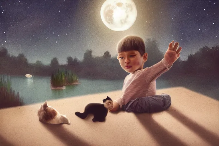 Prompt: portrait of a little boy waving his hand, his cat sits alongside, photorealistic face and skin tones, dreamy moonlit nightscape by the garden, lake house, smooth, matte colors, trending on artstation, 4 k, 8 k