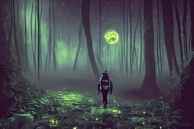 Image similar to digital art of a surreal dark jungle, astronaut walking, mysterious crazy world, talking creatures, raining, night, fireflies