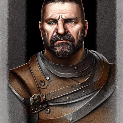 Image similar to portrait, 50 years old man :: short, stocky build :: dark, short hair and a whisker :: medieval leather workwear :: high detail, digital art, fantasy, RPG, concept art, illustration