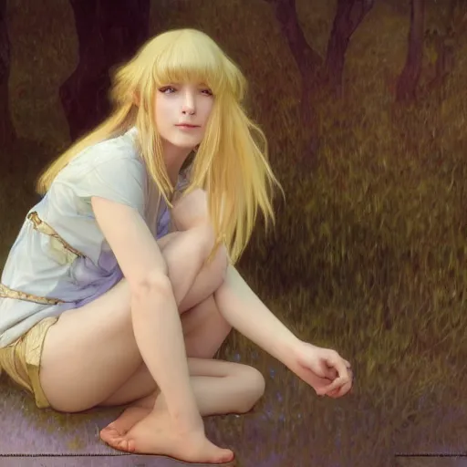 Image similar to A young woman with blonde long hair and bangs in shorts and white shirt drawn by Donato Giancola and Makoto Shinkai, frank frazetta, Alphonse Mucha, background by James Jean and Gustav Klimt, 4k, porcelain skin, volumetric lighting, french nouveau, trending on artstation, octane render, hyperrealistic
