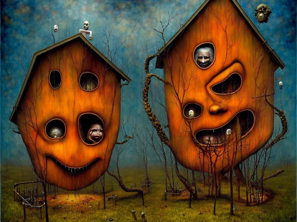 Prompt: an epic acrylic painting with a house shaped like an uncanny face, by esao andrews, surreal, dark, creepy, horror, soft textures, oil on canvas