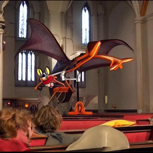 Prompt: Mickey Mouse riding a pterodactyl in a church, In the movie Star Wars