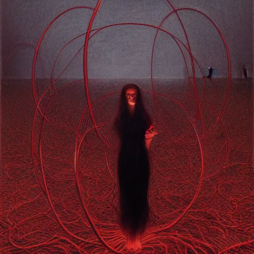 Image similar to evil smile, shore of the lake, woman, wrapped around by tubes and cables, short black curly hair, glowing red, by edgar maxence and ross tran, zdzisław beksinski, and michael whelan, distant, gustav dore, h. r. giger, 8 k, octane render