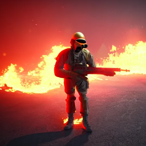 Prompt: a soldier with a glowing orange visor, a gas mask in a half-turn looks into the camera, bodies of the dead are scattered around, an orange fire in the background, octane render, 4k, details, dramatic pose