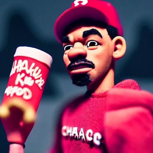 Image similar to a cinematic film still of a claymation stop motion film starring chance the rapper as a college student, shallow depth of field, 8 0 mm, f 1. 8