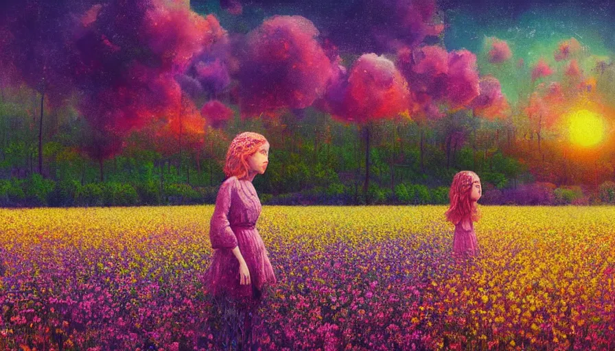 Image similar to girl with a flower face, surreal photography, dream, standing in flower field, hills, big trees, sunrise dramatic light, impressionist painting, colorful clouds, digital painting, pointillism, artstation, simon stalenhag, flower