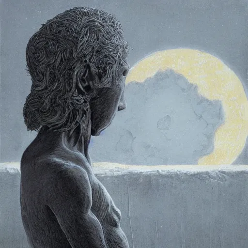 Prompt: portrait of the moon, time flying by in barbes rochechouart, regrets, melancholy, absent father, odissey, gritty feeling, moon, moonlight, at night, wandering in the city, stone, chaotic punk, oil painting, by beksinski, by kurosawa, by kiarostami, intense emotion