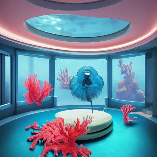 Image similar to photo of the modern fashionable room as aquarium with a chandelier as a big jellyfish, beautiful corals on the walls and dangerous sharks outside, big panoramic window, realism, sharp details, cinematic, under the ocean, realistic colors, realistic shadows, daylight by beeple and by greg rutkowski