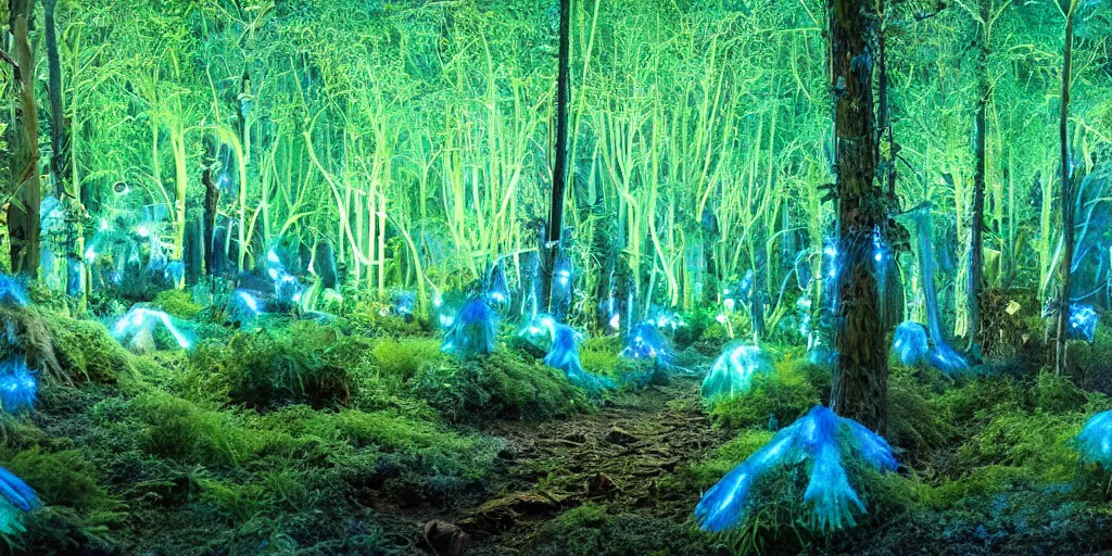 Image similar to scene still of avatar variety soft bioluminescent forest at night. 4 k cinematic cg weta weta weta lut balanced perfect lighting colorgraded