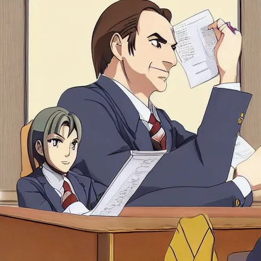 Prompt: Saul Goodman from ace Attorney in a courtroom, anime series