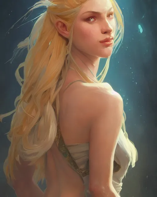 Image similar to '' Portrait of Beautiful blonde Slavic woman in her early 30’s, league of legends, LOL, fantasy, d&d, digital painting, artstation, concept art, sharp focus, illustration, art by greg rutkowski and alphonse mucha ''