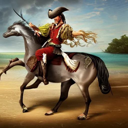 Image similar to a pirate horse riding a horse dolphin.