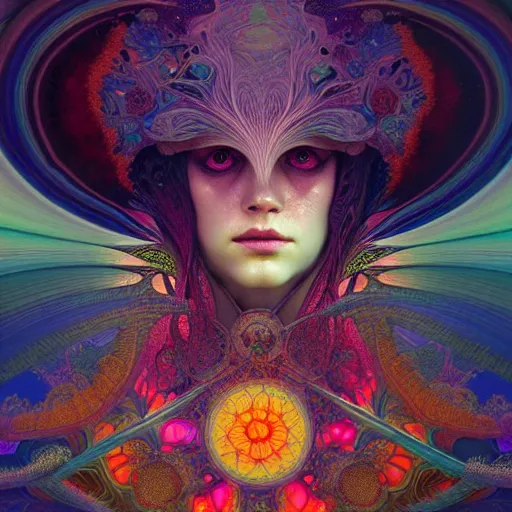 Image similar to An extremely psychedelic experience, colorful, surreal, dramatic lighting, magic mushrooms, psilocybin, LSD, face, detailed, intricate, elegant, highly detailed, digital painting, artstation, concept art, smooth, sharp focus, illustration, art by Krenz Cushart and Artem Demura and alphonse mucha