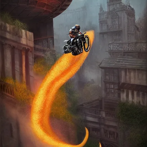 Prompt: fire - breathing jabberwock riding a motorbike down an escher staircase. hyperrealistic. high definition. trending on artstation.