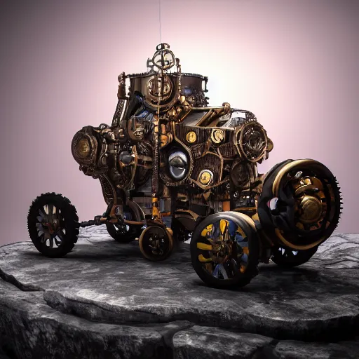 Prompt: maximalist render of a mechanical steam punk machine the size of a mountain standing alone in a dark room lit by a spotlight, V-Ray, Octane Render, Unreal Engine, 8k