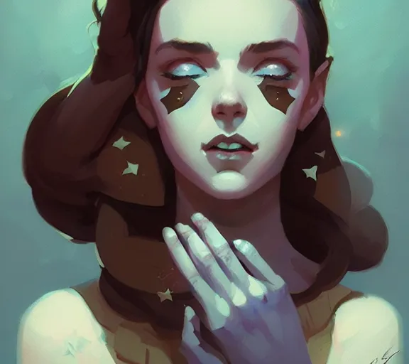 Prompt: portrait woman with stars in her eyes, fantasy, matte painting, illustration, hearthstone, by atey ghailan, by greg rutkowski, by greg tocchini, by james gilleard, by joe fenton, by kaethe butcher, dynamic lighting, gradient light blue, brown, blonde cream and white color scheme, grunge aesthetic