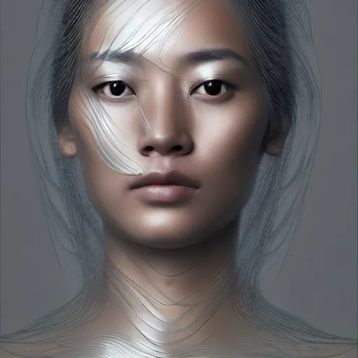 Image similar to asian - european woman face portrait, face covered with chrome lines, ethereal, highly detailed, by andrew chiampo, beeple, artstation, and frederik heyman, extremely detailed woman, stunning volumetric lighting, hyper realism, fantasy, intricate detail,