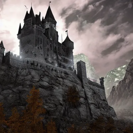 Image similar to wolfenstein castle, giant castle in mountains, scary, creepy, at night